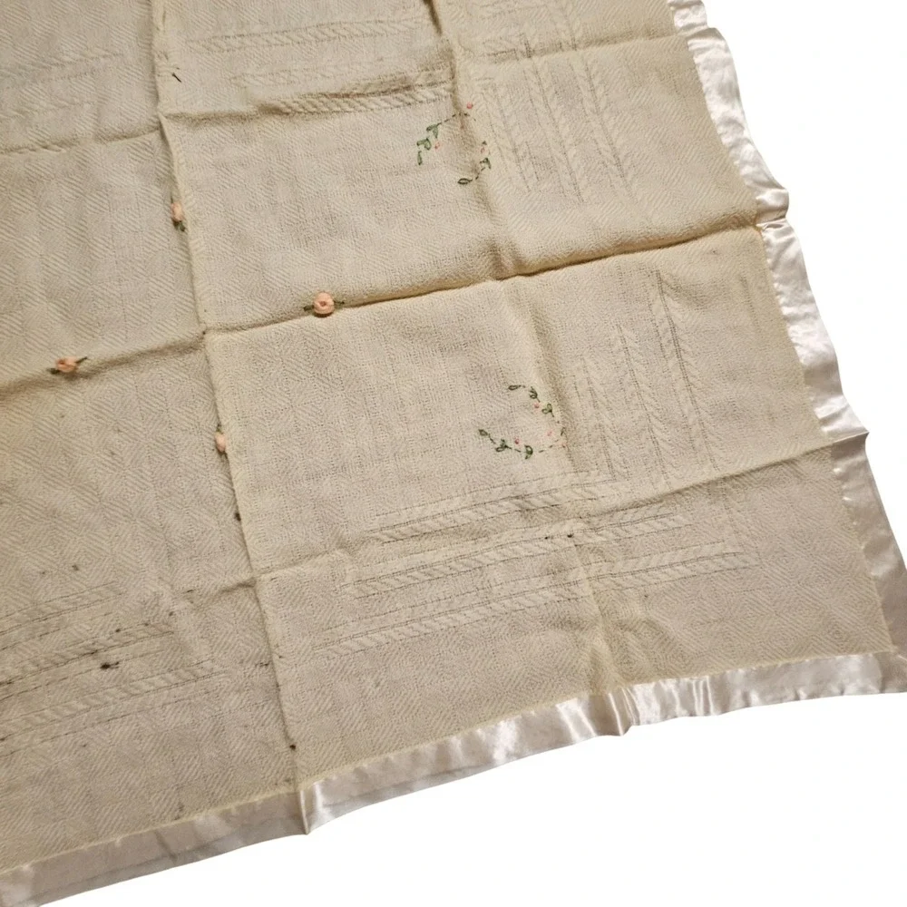 Vintage Floral Embroidered Satin Trim Baby Blanket 27x35 Cottagecore Shabby Chic